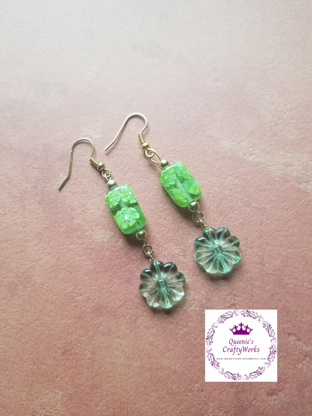 Handcrafted Green Glass Flower Dangle Earrings