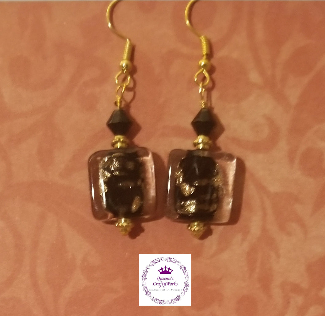 Handcrafted Glass Bead Earrings-Black/Gold